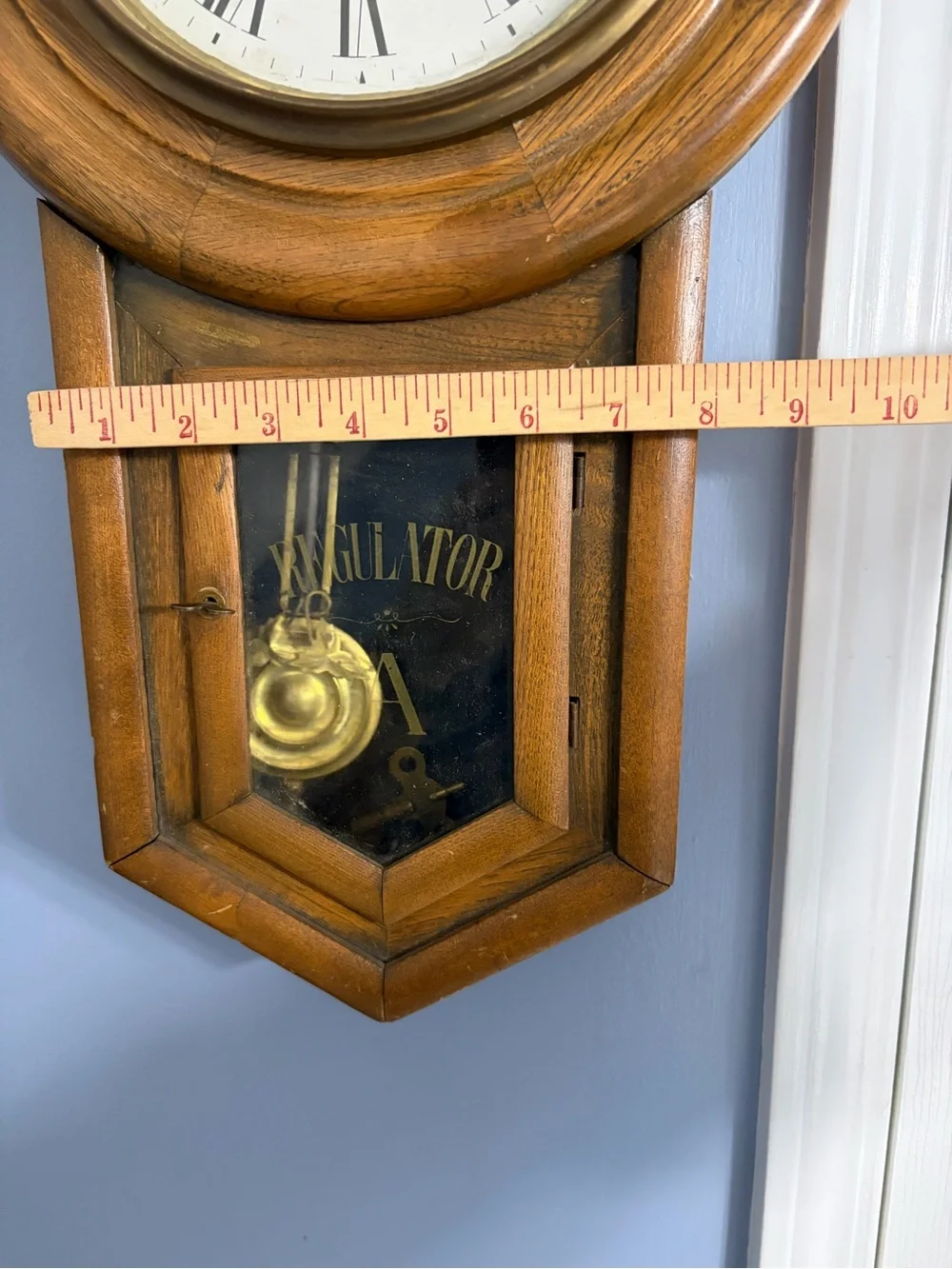 Antique Oak Regulator A Wall Clock – 8-Day Key Wind, Works Great!
